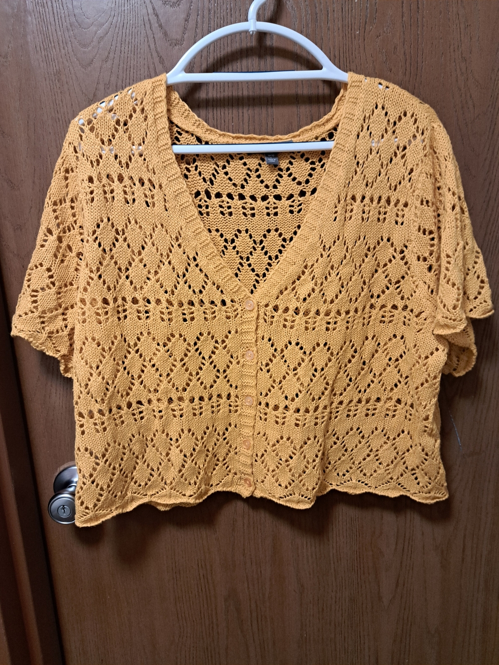Jessica London Open-Knit Mustard Yellow Short Cardigan